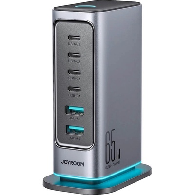 JOYROOM GaN Fast Desktop Charger 65W - захранване за ел. мрежа за лаптопи, смартфони и таблети с 2xUSB-A и 4xUSB-C изходи с технология за бързо зареждане и USB-C кабел (