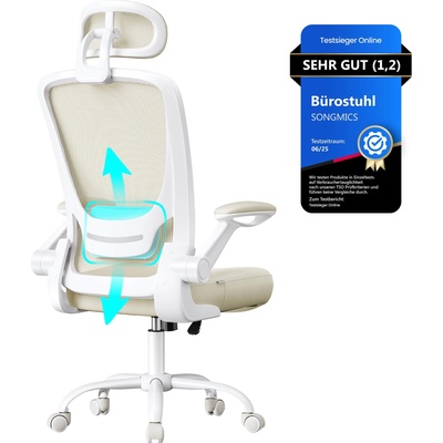 SONGMICS ergonomic office chair, swivel chair with mesh, lumbar and headrest, rocker function, 53 cm seat, folding armrests, study and bedroom, students, cappuccino beige OBN047K01