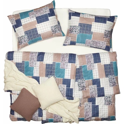 SCANquilt Obliečky KLASIK patchwork modrá biela hnedá 140x200 70x90