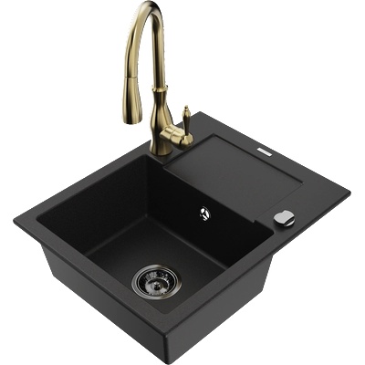Mexen Enzo гранитна мивка с 1 корито с отцедник и кухненски смесител Savita, черен - 6506-77-672601-50-B (6506-77-672601-50-B)