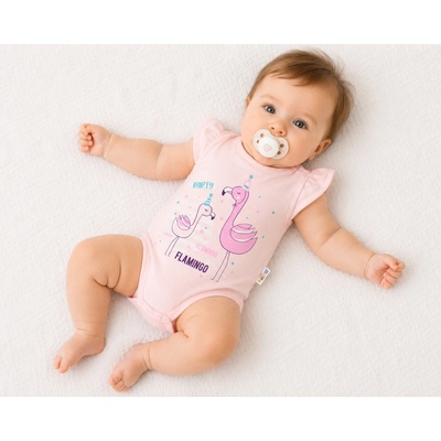 Baby Nellys Bavlněné kojenecké body kr. rukáv Flamingo sv. růžové