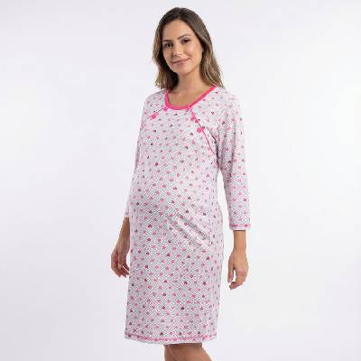 Бяла нощница за кърмачки с дълъг ръкав на розови сърца