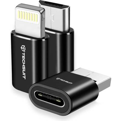 Techsuit - (3 броя) Premium OTG адаптер TriFlashX (A19) - 1xUSB-C към USB, 1x USB-C към Micro-USB, 1xUSB-C към Lightning - Черен
