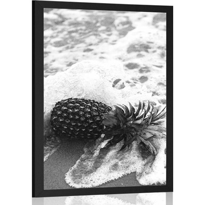 Plakát ananas ve vlně oceánu v černobílém provedení - 40x60 black
