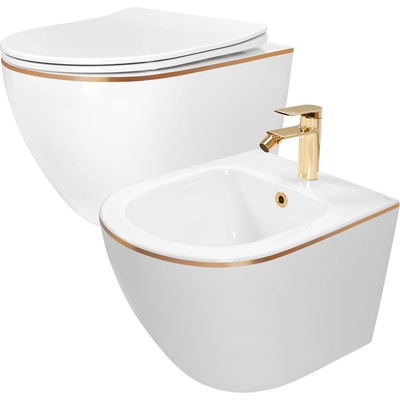 Rea Комплект тоалетна чиния Rea WC CARLO Mini Flat + bidet CARLO Mini White Gold Edge (KPL-C1222)