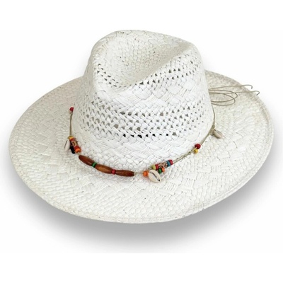 Krumlovanka letní slaměný klobouk Fedora zdobený korálky P-12317B bílý