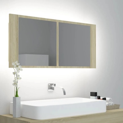 vidaXL Шкаф с LED огледало за баня, дъб сонома, 100x12x45 см, акрил (804983)