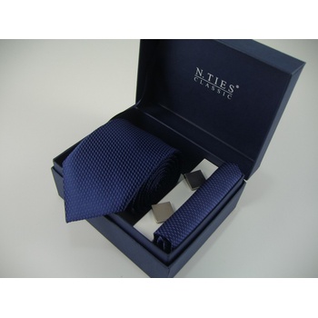 Darčekový box kravata manžetové gombíky vreckovka modrá tmavá drobný vzor