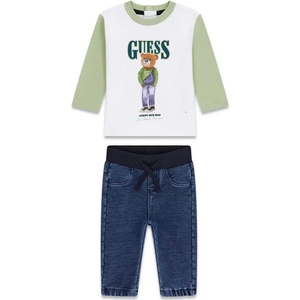 Guess Двуцветна блуза в бяло и зелено с мече и дънки за бебе момче Guess