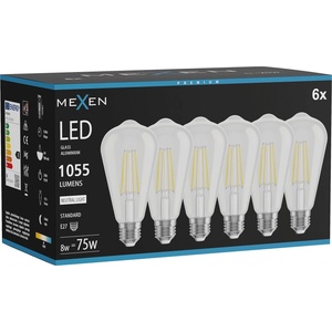 Mexen Vintis 6x LED филаментна крушка E27, ST64, 8W, Неутрална - 4000K, 1055 lm, прозрачна (L152-E27-0840-00x06)
