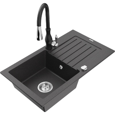 Mexen Pablo еднокамерен гранитен кухненски мивка с отцедник и кухненски смесител Savita, черен с пръски - 6510-76-672601-70 (6510-76-672601-70)