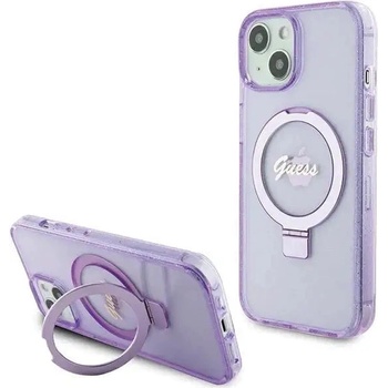 GUESS Кейс Guess Ring Stand Script Glitter MagSafe за iPhone 15, лилав (KXG0078866)