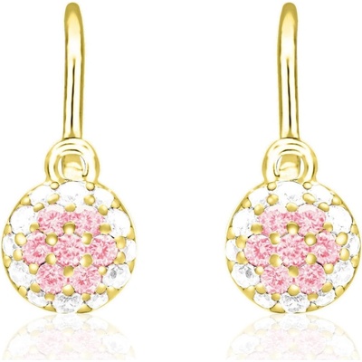 Duppi detské náušnice okrúhle DU 70414 zo žltého zlata s kamienkami uprostred ružovými okolo bielymi zapínanie brizúra