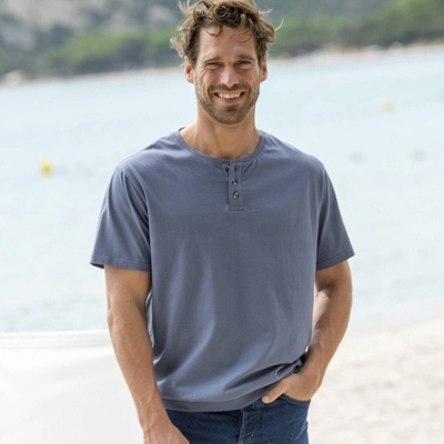 Tričko Henley s krátkými rukávy z bio bavlny džínová modrá