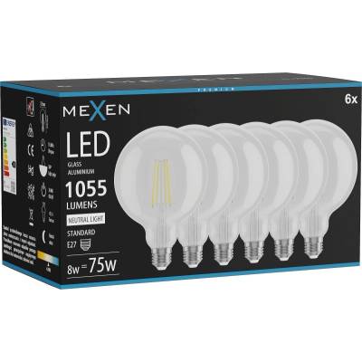Mexen Vintis 6x LED филаментна крушка E27, G125, 8W, Неутрална - 4000K, 1055 lm, прозрачна (L158-E27-0840-00x06)