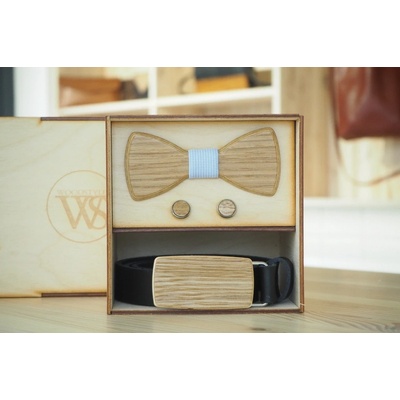 Wood Style Set Kulatý Dub opasek motýlek a manžetové knoflíčky Modrá se vzorem