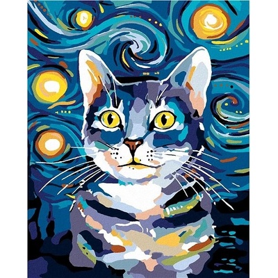 zuty Malování podle čísel - Kocourek pod noční oblohou, 80x100 cm, bez rámu a bez vypnutí plátna