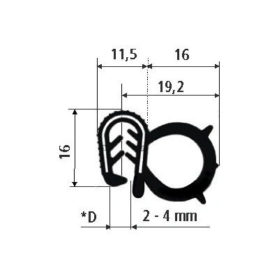 Gumový profil EPDM GA2540 - 27. x 16 x 11.5 mm (plech 2-4mm)
