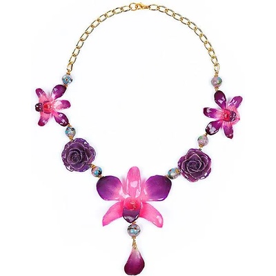 Dannyra Колие с естествени орхидеи и рози, мъниста клоазоне My Happy Purple Garden Dannyra Jewels