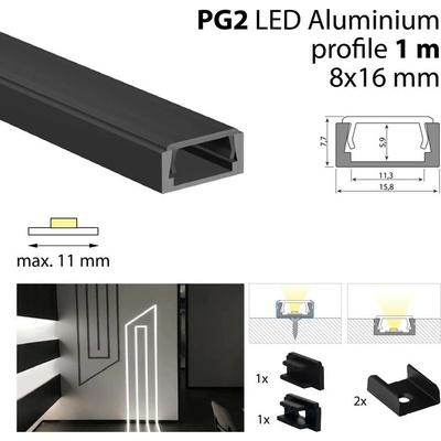 MCLED Profil AL 16/8mm PG2 černý 1m ML-761.023.74.S1