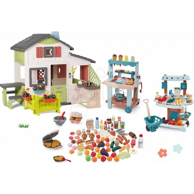 Smoby Set domeček Přátel s předzahrádkou a zmrzlinový stánek Friends House Life rozšiřitelný a zeleninový stánek s kuchyňkou a vaflovač