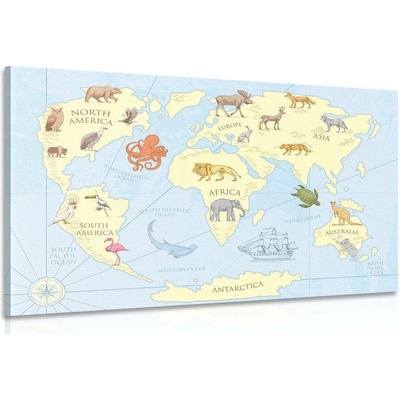 Obraz mapa světa se zvířaty - 30x20