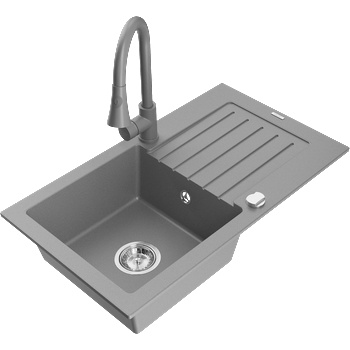 Mexen Pablo Гранитна мивка с една камера с отцедник и кухненски смесител Elia, сив - 6510-71-670101-71 (6510-71-670101-71)