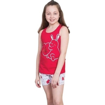 Детска пижама в червено и сиво със сърца и зайче