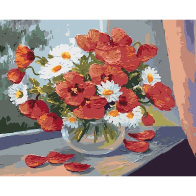 zuty Malování Podle Čísel Kopretiny A Vlčí Máky Na Okně 80 x 100 Cm Plátno Rám