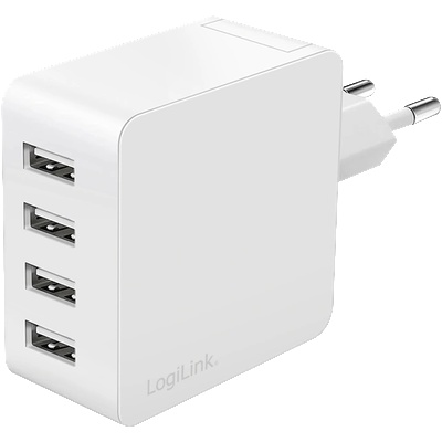 LogiLink 4-портово USB зарядно устройство за стена, 4x USB-A, 24 W, бяло