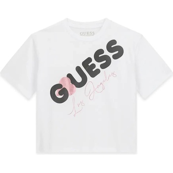 GUESS Бяла къса тениска за момиче с черен надпис Guess и розово сърце