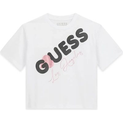 GUESS Бяла къса тениска за момиче с черен надпис Guess и розово сърце