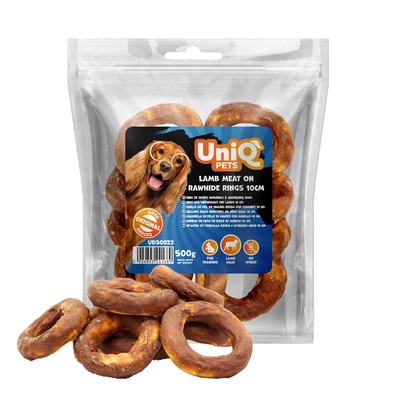 Uniq Pets Dog Snacks Rawhide Lamb Meat on Rawhide Rings дъвчащи рингове за кучета с агнешко, 500 г