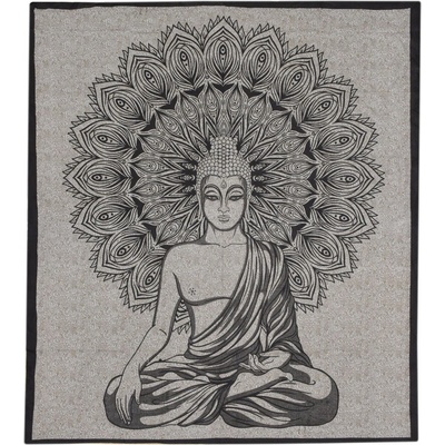 Sanu Babu přehoz na postel s tiskem Buddha hnědo-béžový podklad černý tisk 210 x 202 cm