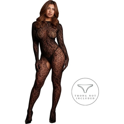 Le Désir Roxy Leopard Open Knit Cat Suit, černý erotický catsuit s otevřeným rozkrokem