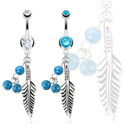 Šperky eshop piercing do bříška z oceli pírko s tyrkysovými kuličkami AA42.20 aqua modrá Q