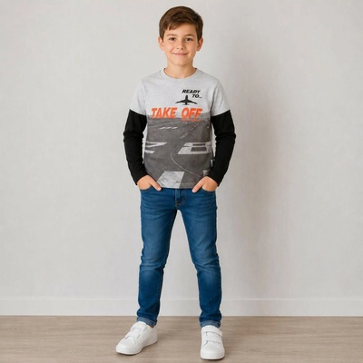 Winkiki Kids Wear Chlapecké tričko s dlouhým rukávem Take Off šedý melanž černá