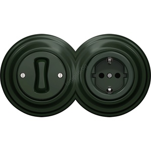 Kliklap - ретро еднополюсен ключ №1 и розетка SCHUKO 230 V в зелена рамка (KA0062E)