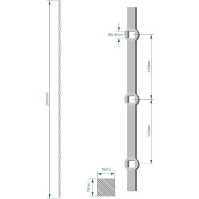 Probíjená tyč 16 x 16 mm, rozteč děr 125 mm, délka 2000 mm, oko 16 x 16 mm, na tyči je 14 děr