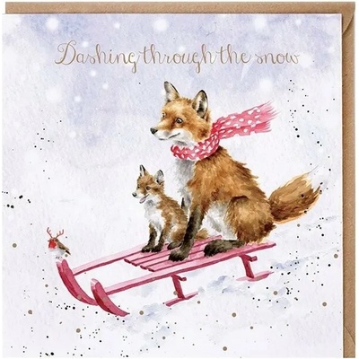 Přání Wrendale Designs "Sleigh Ride", 15x15 cm - Vánoční lišky