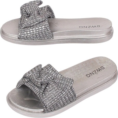 Сребристо-сиви чехли с панделка и ламе