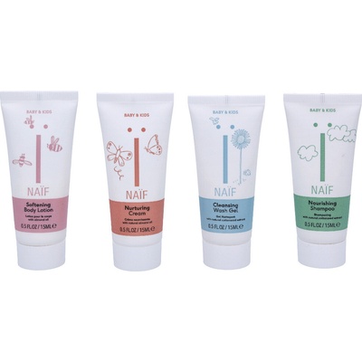 Naif Baby & Kids zjemňujúce telové mlieko na detskú pokožku 15 ml + výživný šampón na vlasy a vlasovú pokožku 15 ml + umývací gél pre deti 15 ml + ošetrujúci krém pre deti 15 ml darčeková sada