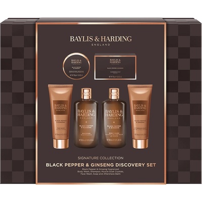 Baylis & Harding Black Pepper & Ginseng sprchový gel 300 ml + šampon 300 ml + tuhé mýdlo 150 g + balzám po holení 130 ml + mycí gel na obličej 130 ml + sůl do koupele 150 g