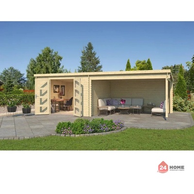 Градинска дървена къща с навес за BBQ New Orleans 7.1х3.3м, 28 мм Смърч, натурално дърво