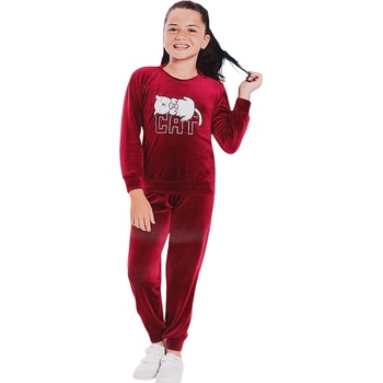 Image 1 of Детска плюшена пижама за момиче във виолетово бордо с коте