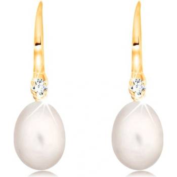 Šperky eshop ve žlutém zlatě bílá oválná perla a čirý zirkon na háčku GG16.25