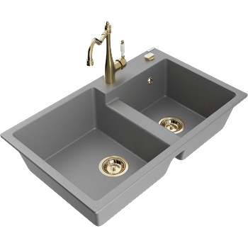 Mexen Tomas гранитна кухненска мивка с 2 корита с кухненски смесител Carla, сив - 6516-71-670700-50 (6516-71-670700-50)