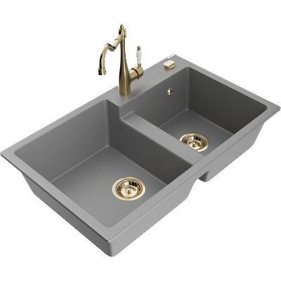 Mexen Tomas гранитна кухненска мивка с 2 корита с кухненски смесител Carla, сив - 6516-71-670700-50 (6516-71-670700-50)