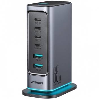 Image 1 of JOYROOM Настолно зарядно Joyroom JR-TCM02 GaN, 65W EU, 4x USB-C, 2x USB-A, С кабел в комплекта, Тъмно сив (JR-TCM02)