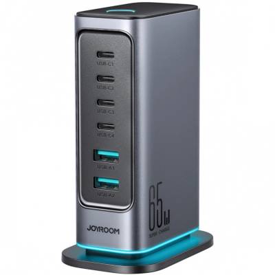 JOYROOM Настолно зарядно Joyroom JR-TCM02 GaN, 65W EU, 4x USB-C, 2x USB-A, С кабел в комплекта, Тъмно сив (JR-TCM02)